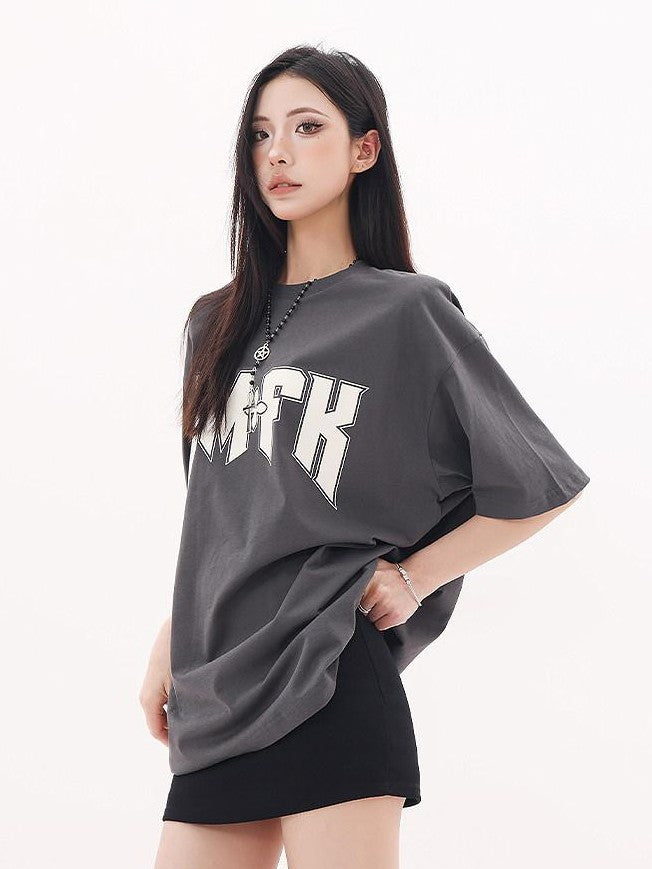 QIUQIU STUDIO Gray White Black Letter Print Drop Shoulder Women&