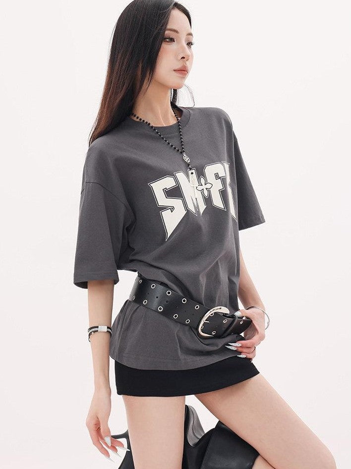 QIUQIU STUDIO Gray White Black Letter Print Drop Shoulder Women&