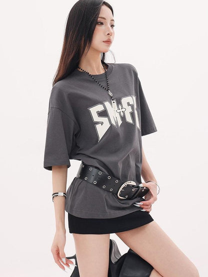 QIUQIU STUDIO Gray White Black Letter Print Drop Shoulder Women&
