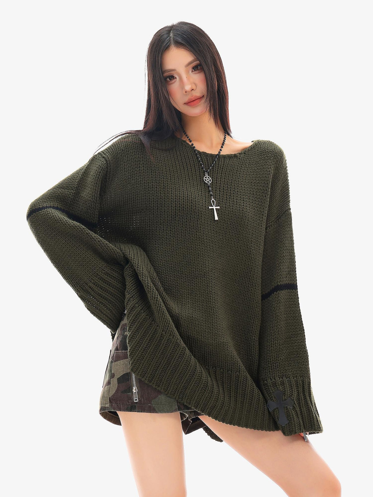 QIUQIU STUDIO Green Hollow Out Loose Fit Pullover Women&