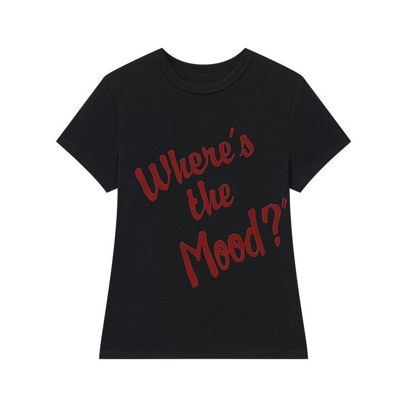 QIUQIU_STUDIO_Grey_Black_White_Letter_Print_Crewneck_Slim_Fit_Short_Sleeve_Women&