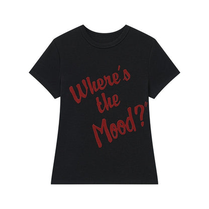 QIUQIU_STUDIO_Grey_Black_White_Letter_Print_Crewneck_Slim_Fit_Short_Sleeve_Women&