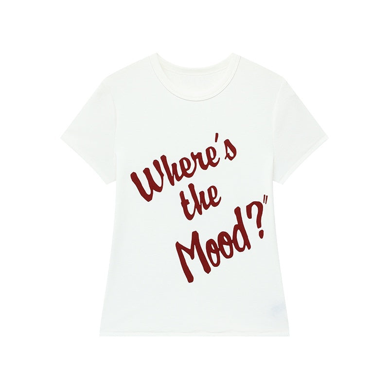 QIUQIU_STUDIO_Grey_Black_White_Letter_Print_Crewneck_Slim_Fit_Short_Sleeve_Women&