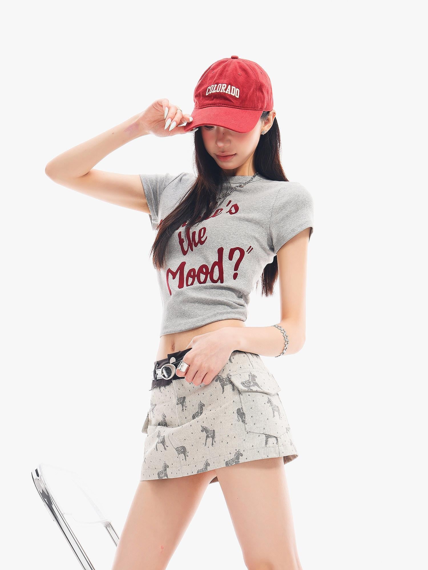 QIUQIU STUDIO Grey Black White Letter Print Crewneck Slim Fit Short Sleeve Women&