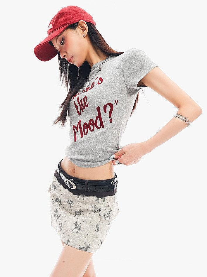 QIUQIU STUDIO Grey Black White Letter Print Crewneck Slim Fit Short Sleeve Women&