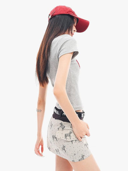 QIUQIU STUDIO Grey Black White Letter Print Crewneck Slim Fit Short Sleeve Women&