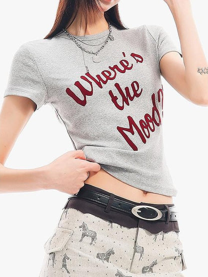 QIUQIU STUDIO Grey Black White Letter Print Crewneck Slim Fit Short Sleeve Women&
