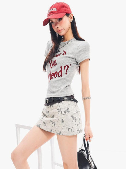 QIUQIU STUDIO Grey Black White Letter Print Crewneck Slim Fit Short Sleeve Women&
