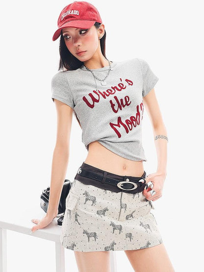 QIUQIU STUDIO Grey Black White Letter Print Crewneck Slim Fit Short Sleeve Women&