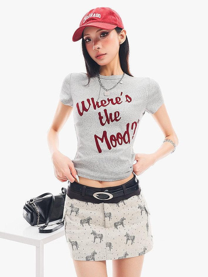 QIUQIU STUDIO Grey Black White Letter Print Crewneck Slim Fit Short Sleeve Women&
