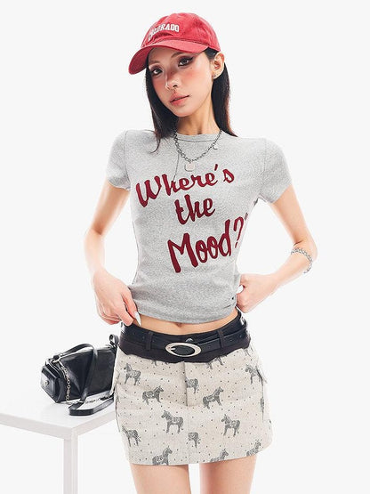 QIUQIU STUDIO Grey Black White Letter Print Crewneck Slim Fit Short Sleeve Women&