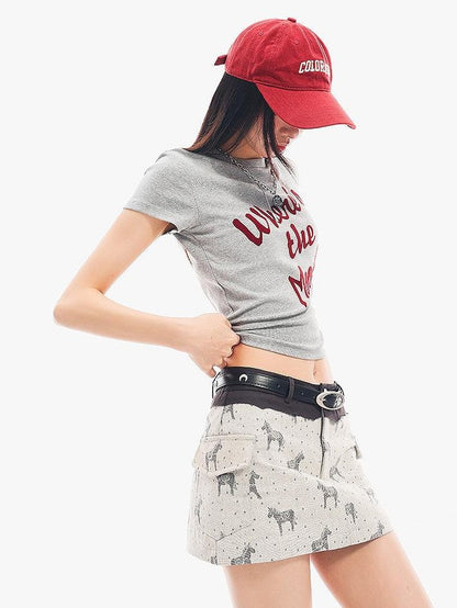QIUQIU STUDIO Grey Black White Letter Print Crewneck Slim Fit Short Sleeve Women&