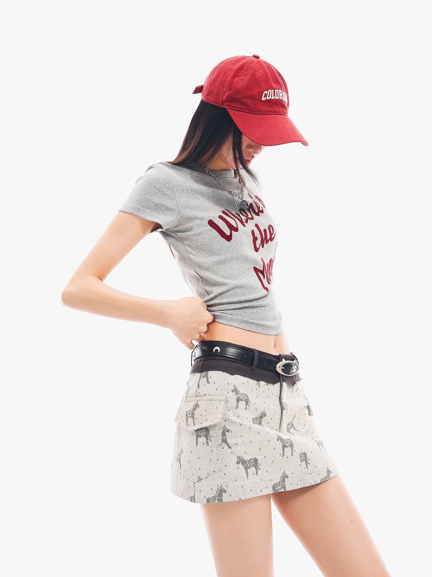 QIUQIU STUDIO Grey Black White Letter Print Crewneck Slim Fit Short Sleeve Women&