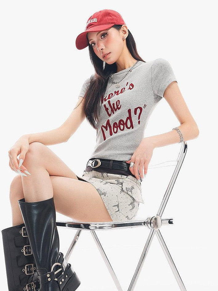 QIUQIU STUDIO Grey Black White Letter Print Crewneck Slim Fit Short Sleeve Women&