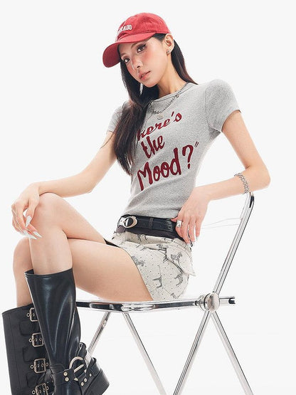 QIUQIU STUDIO Grey Black White Letter Print Crewneck Slim Fit Short Sleeve Women&