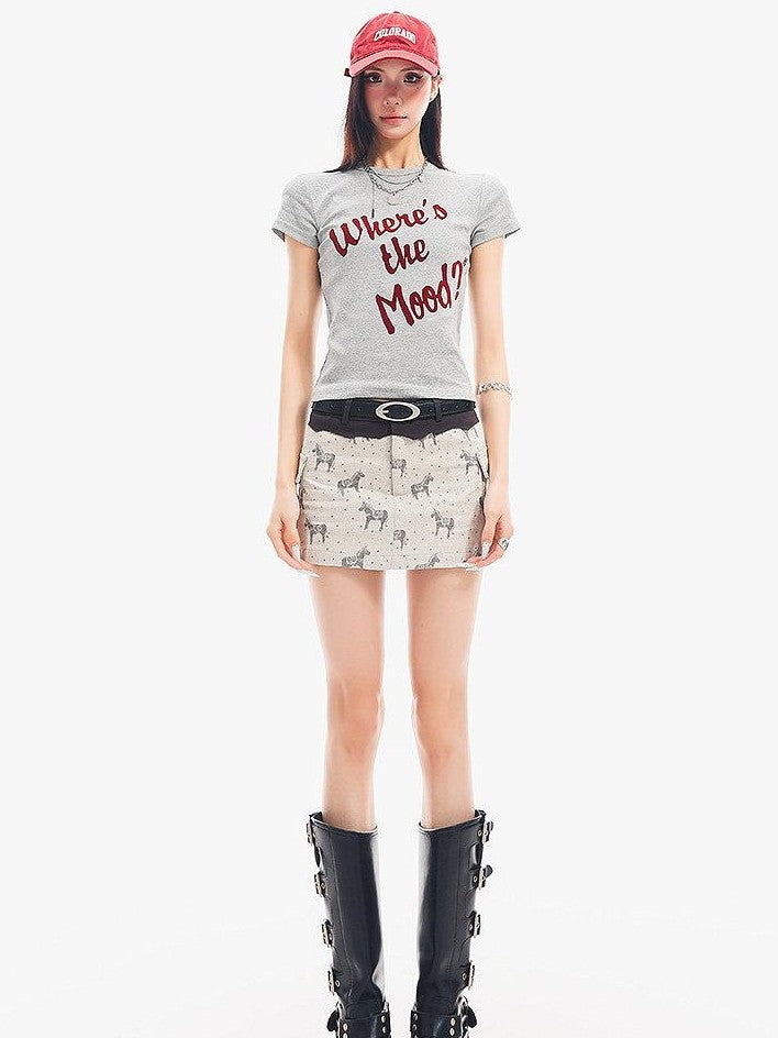 QIUQIU STUDIO Grey Black White Letter Print Crewneck Slim Fit Short Sleeve Women&