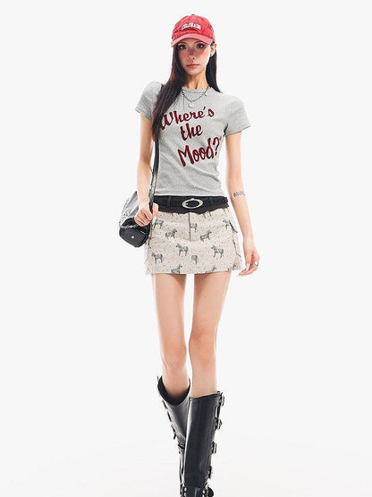 QIUQIU STUDIO Grey Black White Letter Print Crewneck Slim Fit Short Sleeve Women&