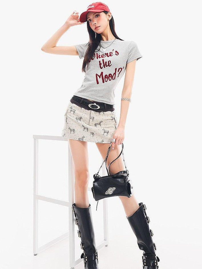 QIUQIU STUDIO Grey Black White Letter Print Crewneck Slim Fit Short Sleeve Women&