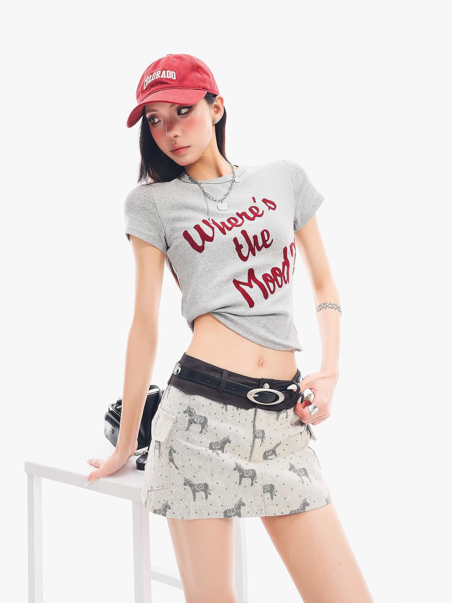 QIUQIU STUDIO Grey Black White Letter Print Crewneck Slim Fit Short Sleeve Women&