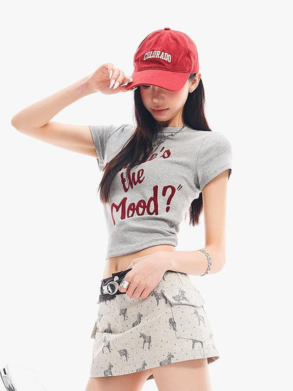 QIUQIU STUDIO Grey Black White Letter Print Crewneck Slim Fit Short Sleeve Women&