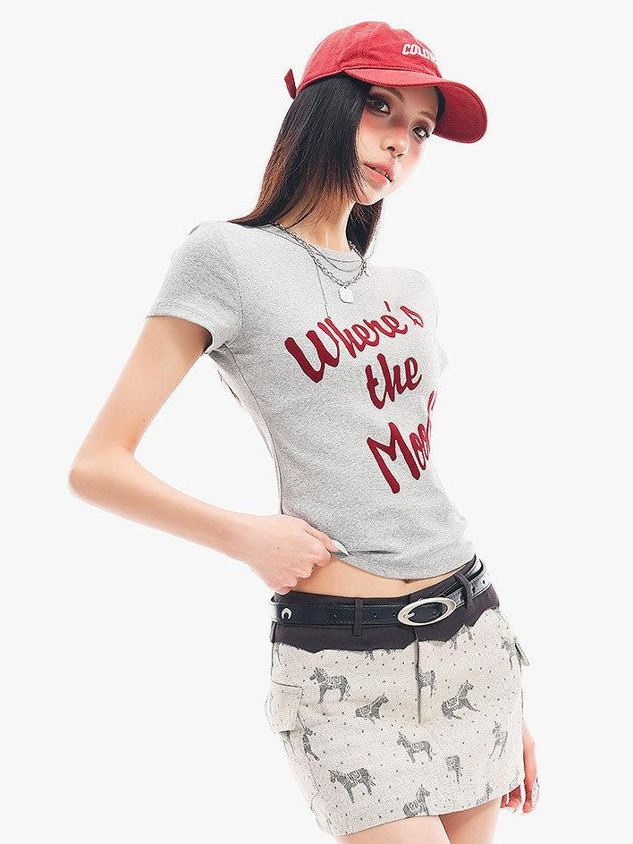 QIUQIU STUDIO Grey Black White Letter Print Crewneck Slim Fit Short Sleeve Women&