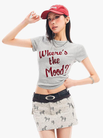 QIUQIU STUDIO Grey Black White Letter Print Crewneck Slim Fit Short Sleeve Women&