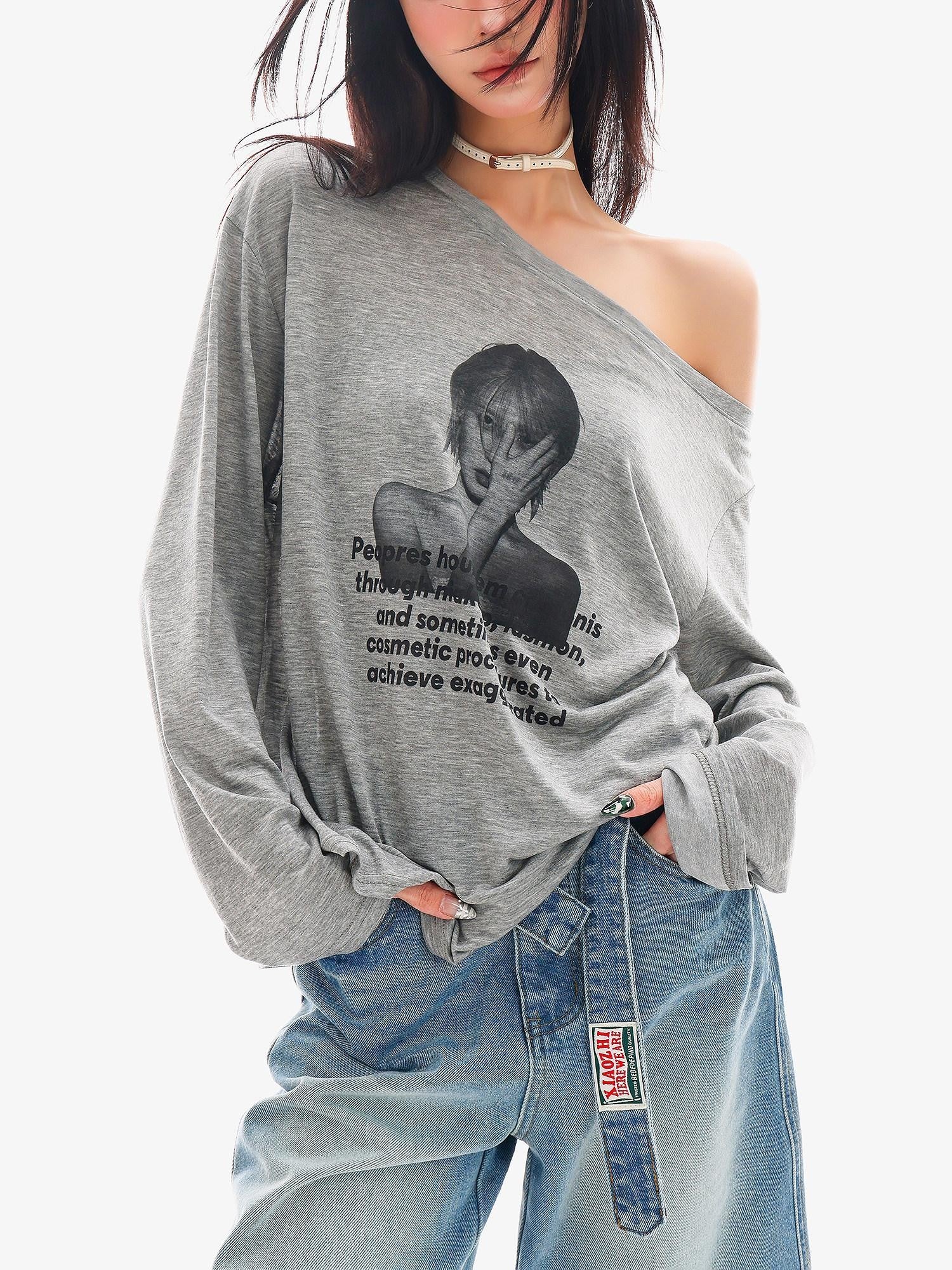 QIUQIU STUDIO Grey Portrait Print Asymmetric Collar Women&