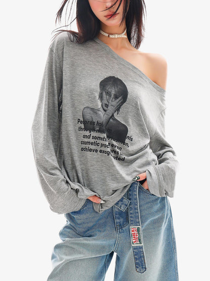QIUQIU STUDIO Grey Portrait Print Asymmetric Collar Women&
