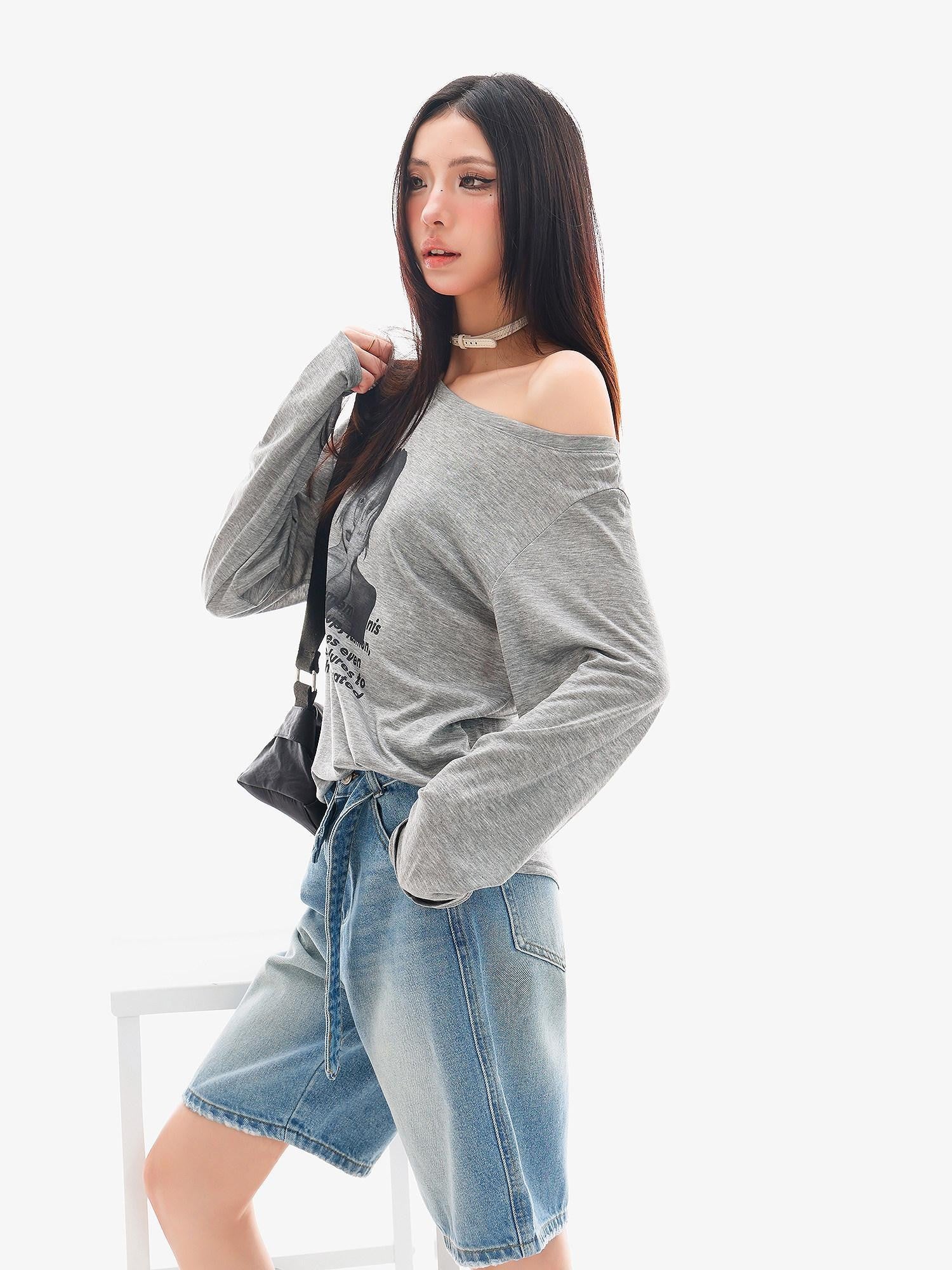 QIUQIU STUDIO Grey Portrait Print Asymmetric Collar Women&