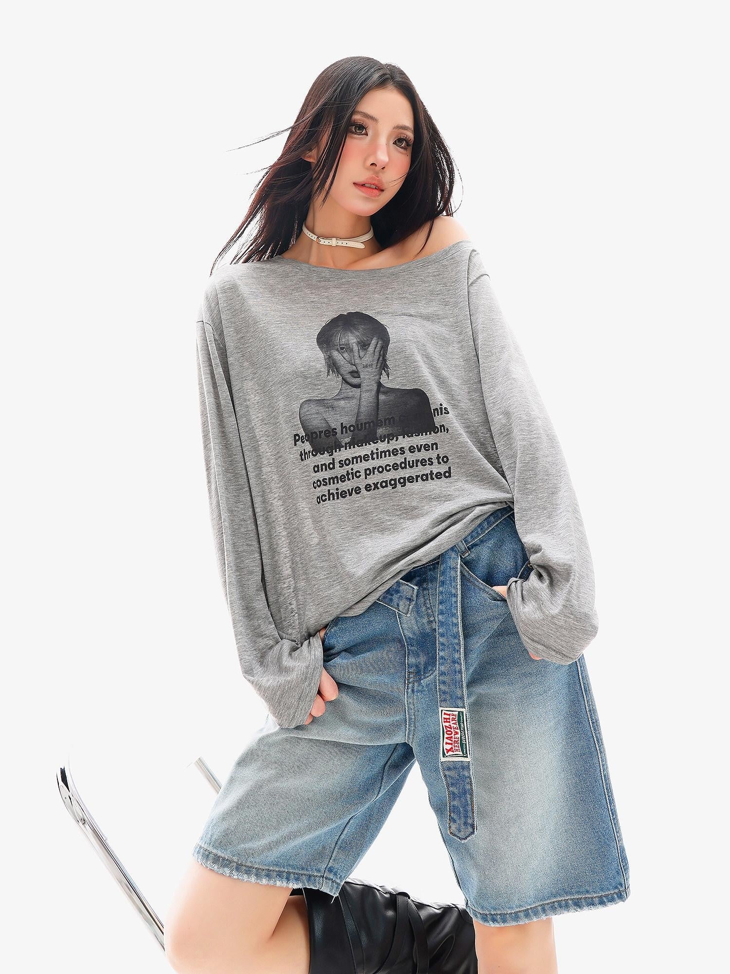 QIUQIU STUDIO Grey Portrait Print Asymmetric Collar Women&