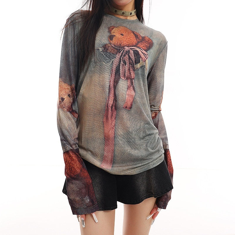 QIUQIU_STUDIO_Grey_Sheer_Bear_Print_Round_Neck_Women&