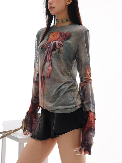 QIUQIU STUDIO Grey Sheer Bear Print Round Neck Women&