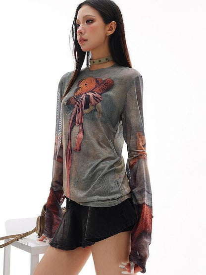 QIUQIU STUDIO Grey Sheer Bear Print Round Neck Women&