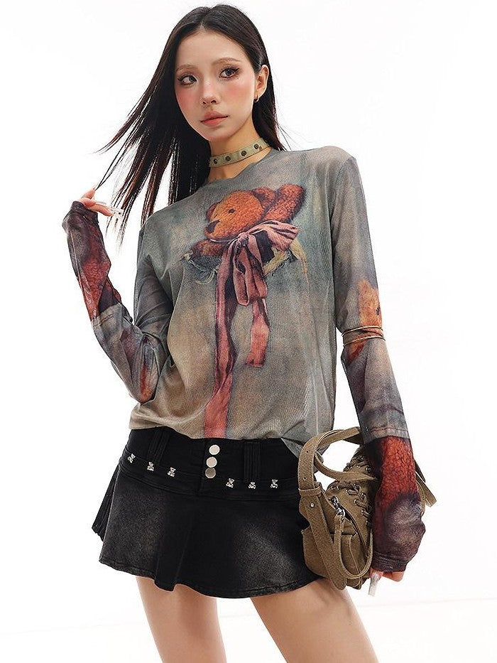 QIUQIU STUDIO Grey Sheer Bear Print Round Neck Women&