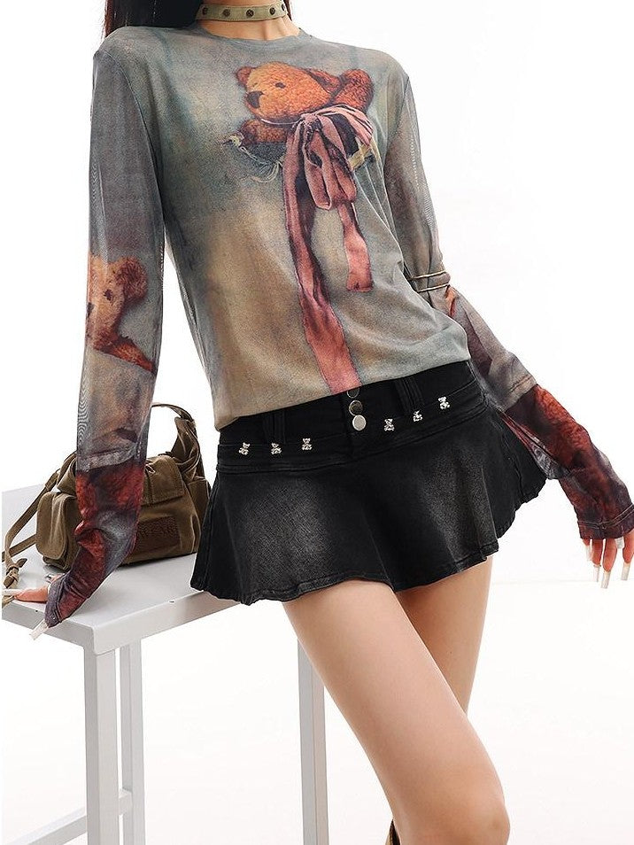 QIUQIU STUDIO Grey Sheer Bear Print Round Neck Women&
