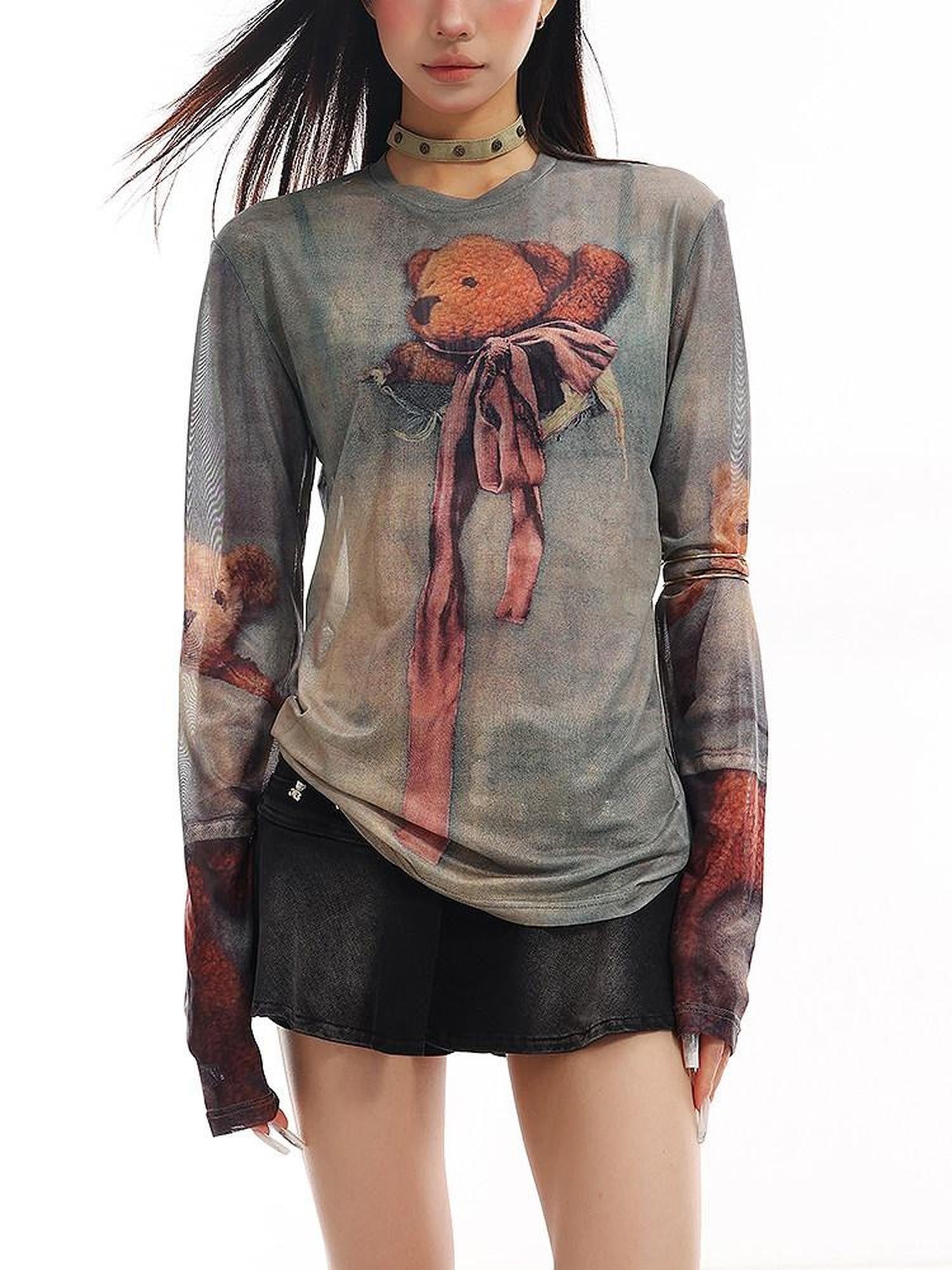 QIUQIU STUDIO Grey Sheer Bear Print Round Neck Women&