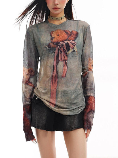 QIUQIU STUDIO Grey Sheer Bear Print Round Neck Women&