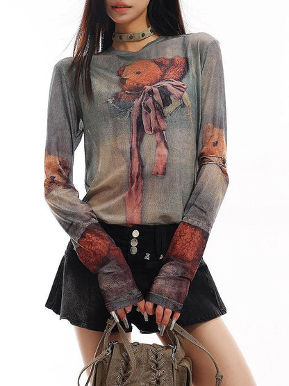 QIUQIU STUDIO Grey Sheer Bear Print Round Neck Women&