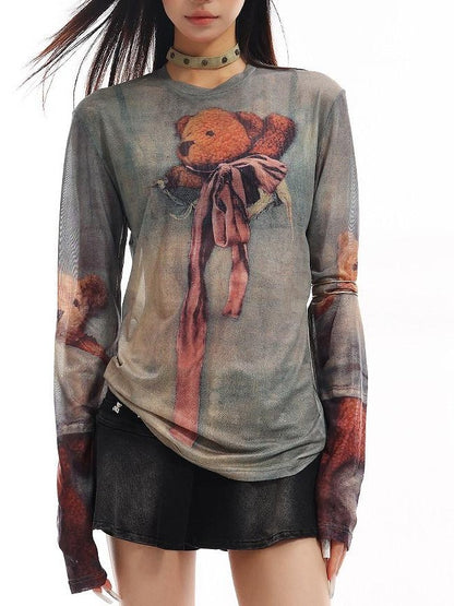 QIUQIU STUDIO Grey Sheer Bear Print Round Neck Women&