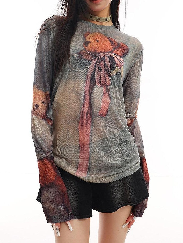 QIUQIU STUDIO Grey Sheer Bear Print Round Neck Women&