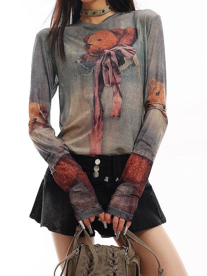 QIUQIU STUDIO Grey Sheer Bear Print Round Neck Women&