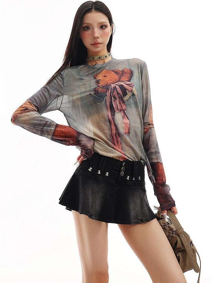 QIUQIU STUDIO Grey Sheer Bear Print Round Neck Women&
