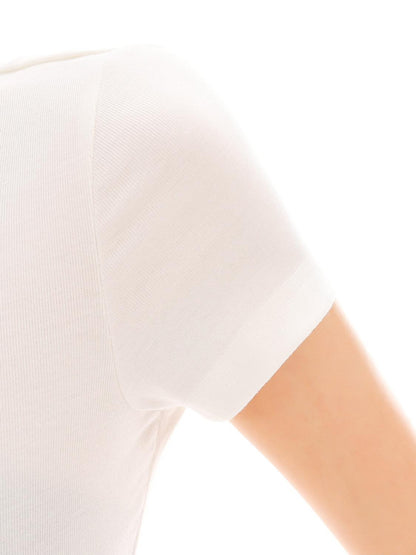 QIUQIU STUDIO Heart Print Plush Patchwork Half Mock Neck Fitted Short Sleeve Women&