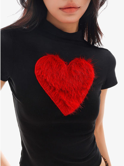 QIUQIU STUDIO Heart Print Plush Patchwork Half Mock Neck Fitted Short Sleeve Women&