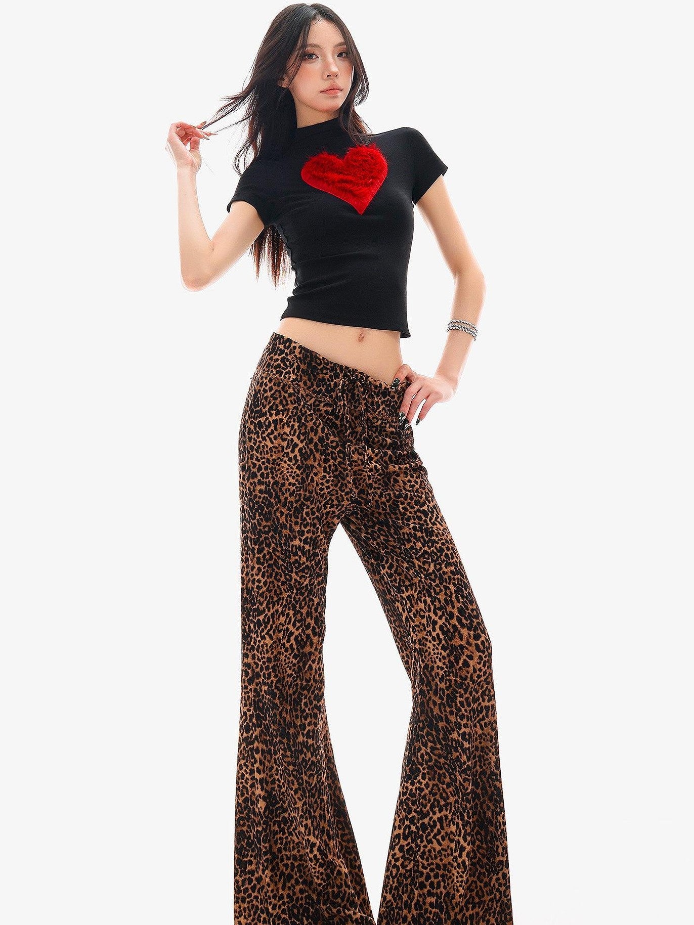 QIUQIU STUDIO Heart Print Plush Patchwork Half Mock Neck Fitted Short Sleeve Women&