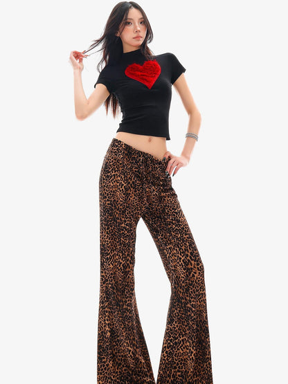 QIUQIU STUDIO Heart Print Plush Patchwork Half Mock Neck Fitted Short Sleeve Women&