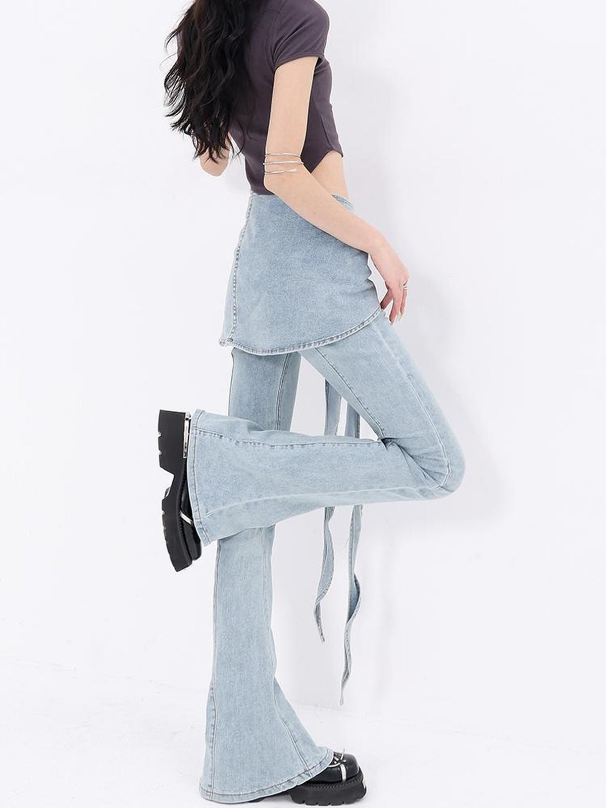 QIUQIU STUDIO High Waist Faux Two Piece Layered Stretch Cotton Denim Women&