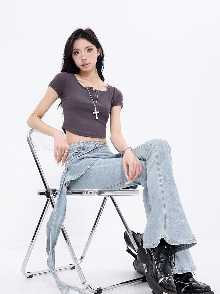 QIUQIU STUDIO High Waist Faux Two Piece Layered Stretch Cotton Denim Women&
