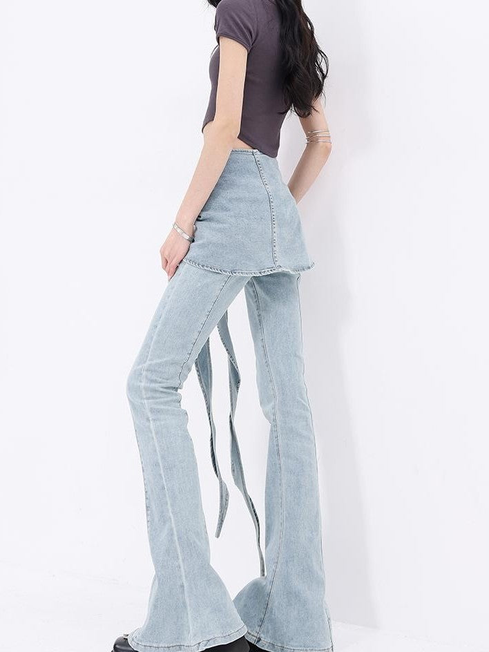 QIUQIU STUDIO High Waist Faux Two Piece Layered Stretch Cotton Denim Women&
