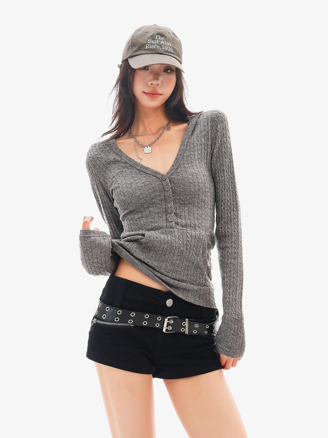 QIUQIU STUDIO Hooded Half Button V-neck Slim Fit Women&